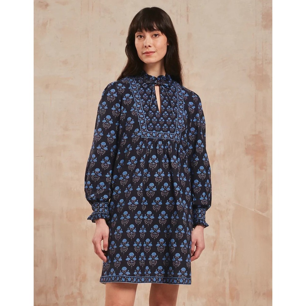 Pink City Prints Nell Mini Dress Navy Blue Floral Block Print Cotton Hemp Med